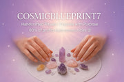 lady stareing on the ball for ritual crystals on a purple background, featuring 'Cosmic Blueprint 7' branding.
