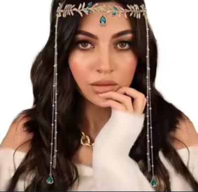 Goddess Bridal Headdress Fashion Golded Alloy Leaf Green Crystal Long Chain Tassel Head Chain Women's Forehead Jewelry Comic Blueprint7