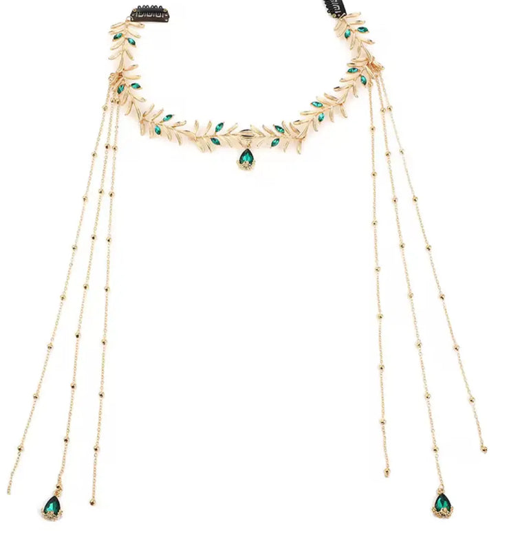 Goddess Bridal Headdress Fashion Golded Alloy Leaf Green Crystal Long Chain Tassel Head Chain Women&