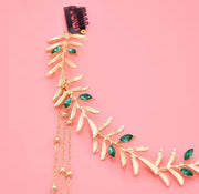 Goddess Bridal Headdress Fashion Golded Alloy Leaf Green Crystal Long Chain Tassel Head Chain Women's Forehead Jewelry Comic Blueprint7