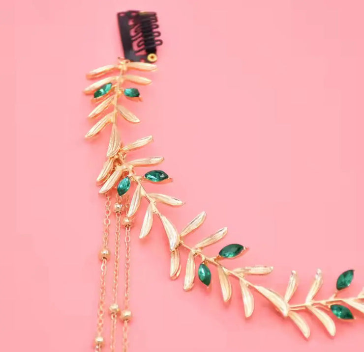 Goddess Bridal Headdress Fashion Golded Alloy Leaf Green Crystal Long Chain Tassel Head Chain Women&