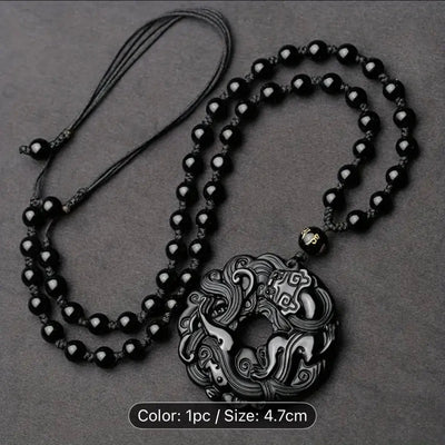 Men's Natural Obsidian Dragon Pixiu Necklace Pendant with Peace Buckle Amulet - Retro Style and Powerful Protection CosmicBlueprint7