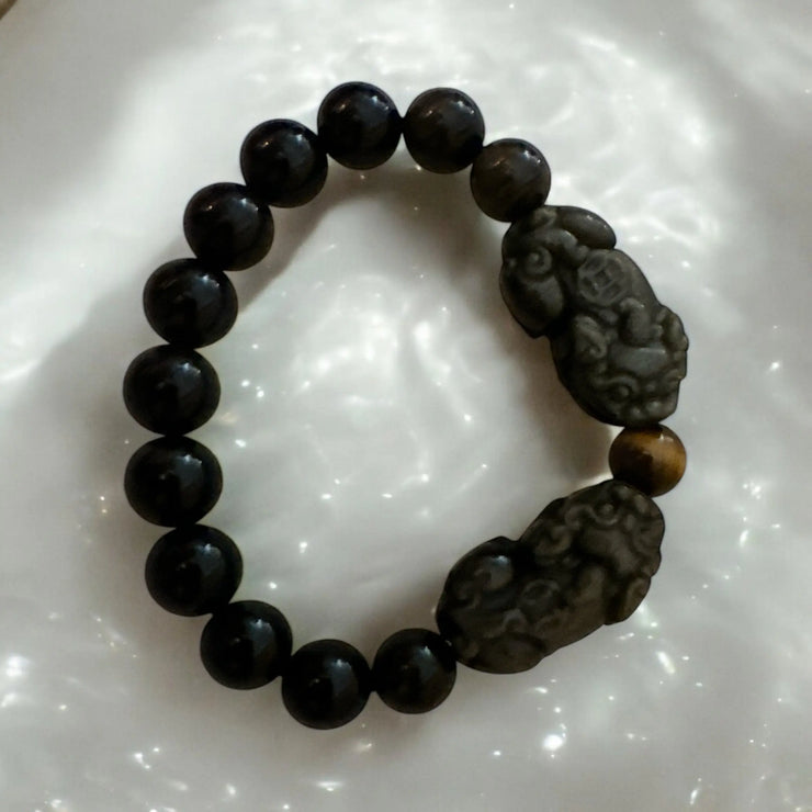 Wealth Bracelet Gold Obsidian Pixiu, bead with Mantra and Tiger Eye EARTHSTONE FIRE&ICE