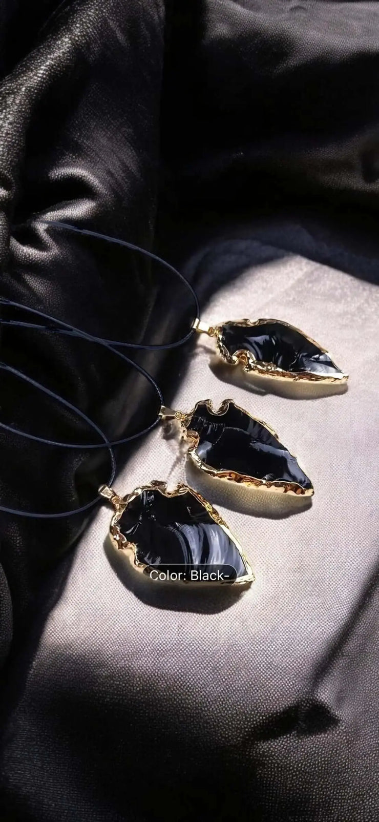 Long black obsidian arrowhead pendant necklace