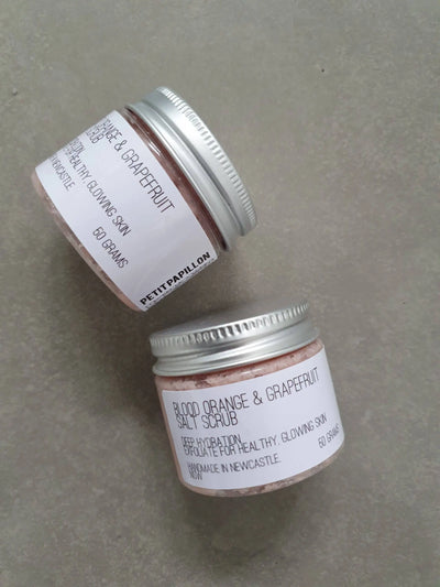 Blood Orange and Grapefruit Salt Scrub in glass jar