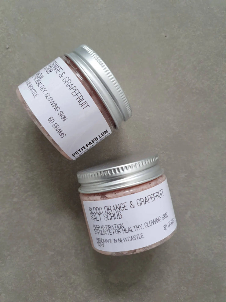 Blood Orange and Grapefruit Salt Scrub in glass jar